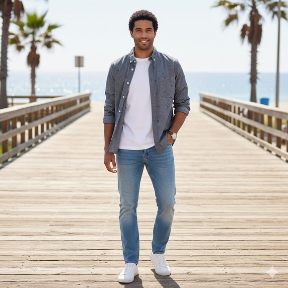 Goodfellow Mens Slim Fit Gray Palm Tree Embroidered Button Down Shirt Large - Picture 6 of 6